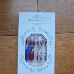 SHEIN Red and White Swirl Press-On Nails